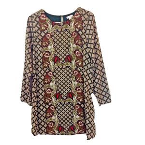 Xhilaration Size XS Dress Shift Green Red Aztec Tribal Indian Womens Long Sleeve